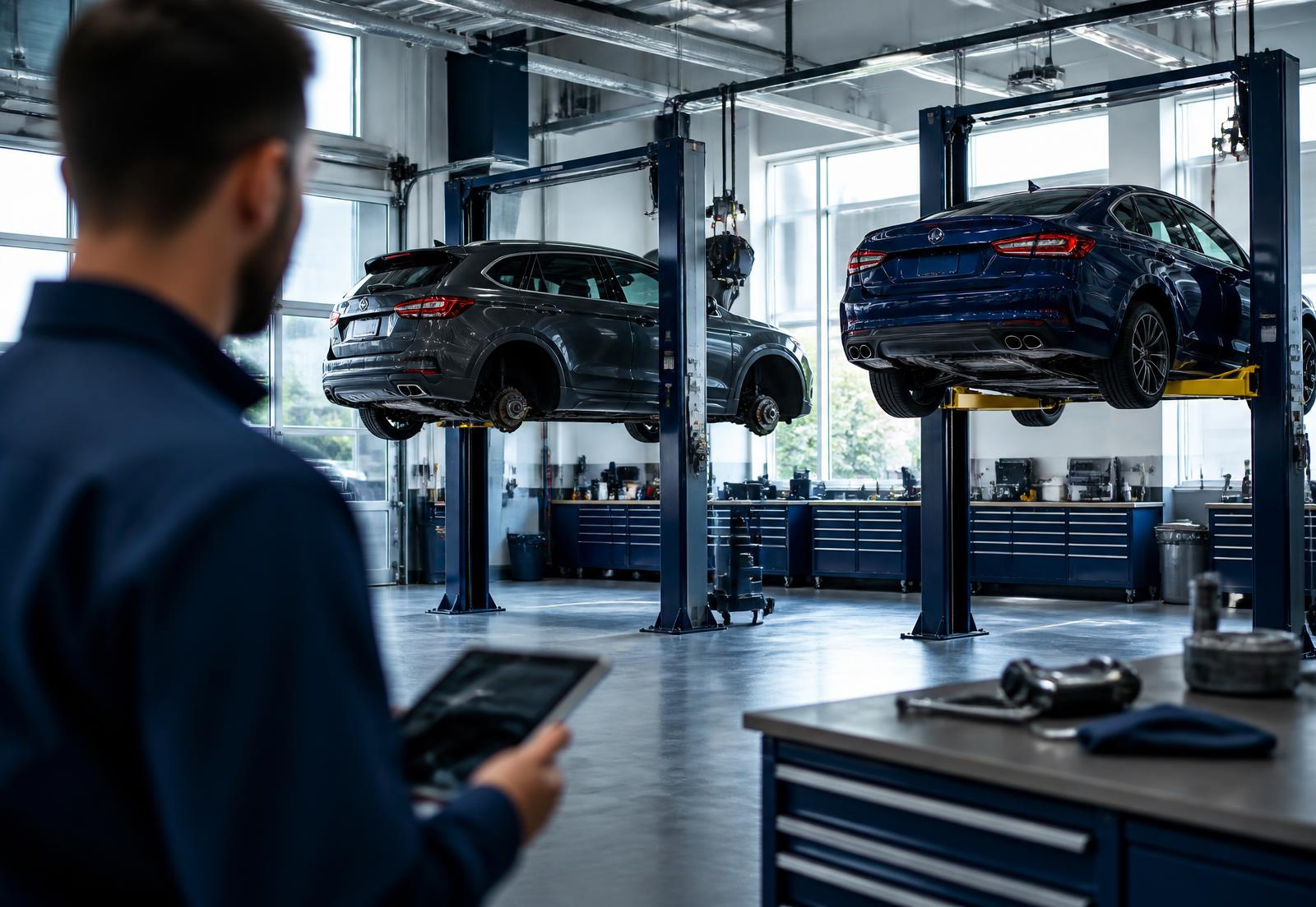 Technician with a tablet on the floor of a modern auto repair workshop with two cars on lifts
