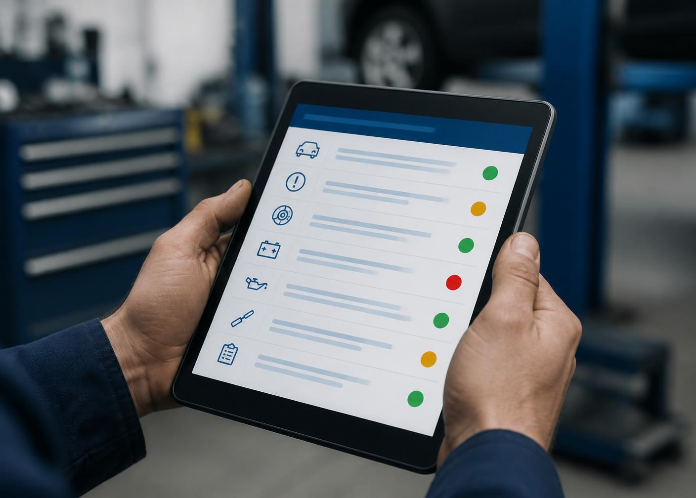 Mechanic holding a tablet showing a ShopTop digital vehicle inspection checklist with red, amber and green results